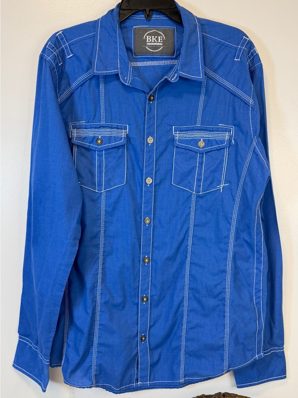 BKE Athletic Blue Long-Sleeve Button-Up Shirt Western Chest Pockets Men’s Large